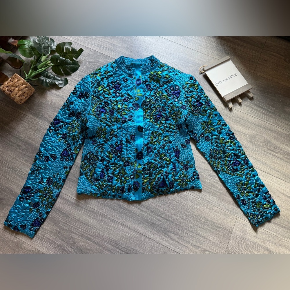 Ruby Rd. Popcorn Quilted Crinkle Mock Neck Zip Jacket in Teal Blue & Green Sz S